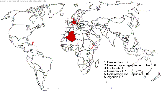 Weltkarte Länderautokennzeichen mit D