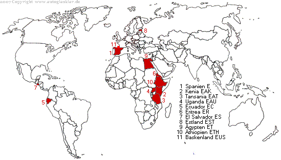 Weltkarte Länderautokennzeichen mit E