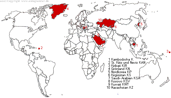 Weltkarte Länderautokennzeichen mit K
