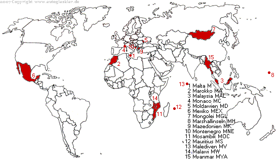 Weltkarte Länderautokennzeichen mit M