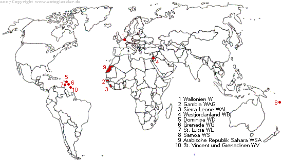 Weltkarte Länderautokennzeichen mit W